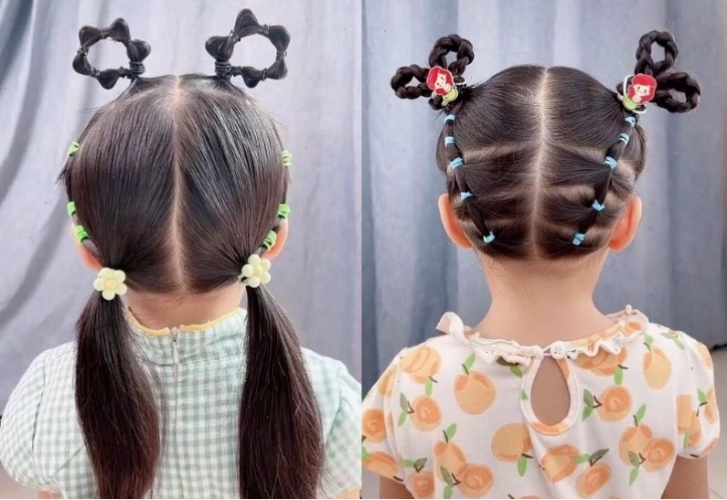 Tóc buộc hai chỏm nhỏ xinh cho bé tóc ngắn