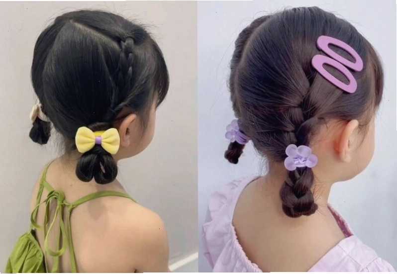 Tóc buộc hai chỏm thấp hai bên cho bé tóc ngắn