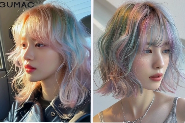 Tóc sau khi nhuộm highlight nhiều màu trên nền sáng